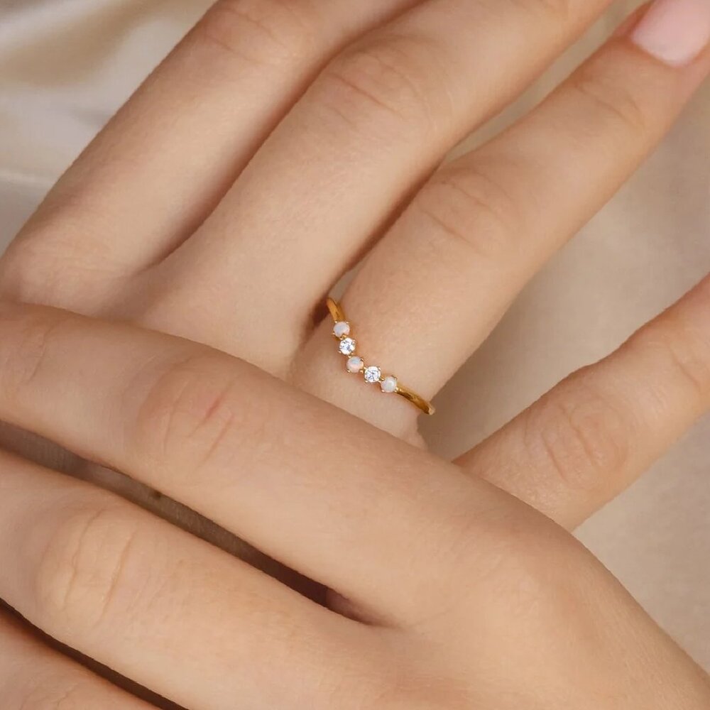 Caitlyn Minimalist Opal & Wave Diamond Ring, Size 6
